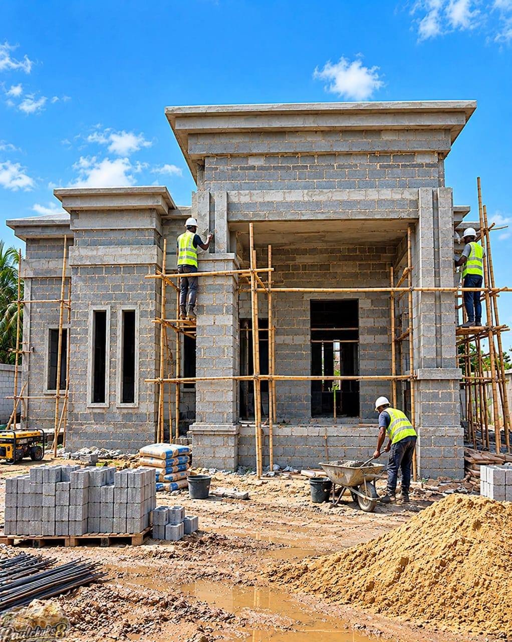 Builders laying block walls and columns on a house under construction