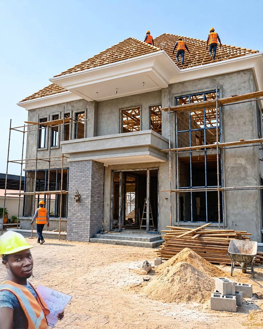 Workers on the roof of a two-storey house with window frames installed